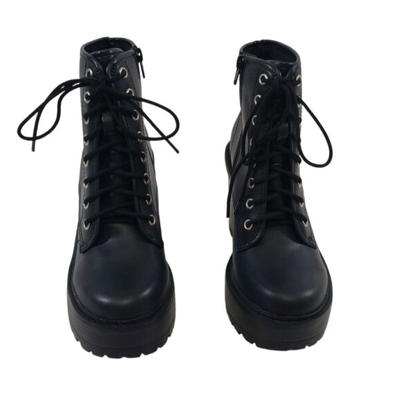 Black Platform Lace-Up Ankle Boots, 5" Chunky Heel, Side Zipper, Size 8 Women’s - Picture 6 of 9